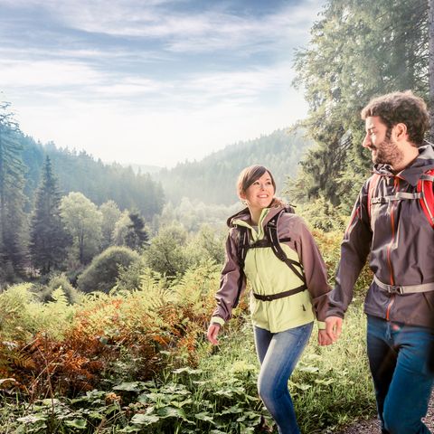 Ein Pärchen genießt die Natur beim Wandern in der Nationalparkregion Schwarzwald. 