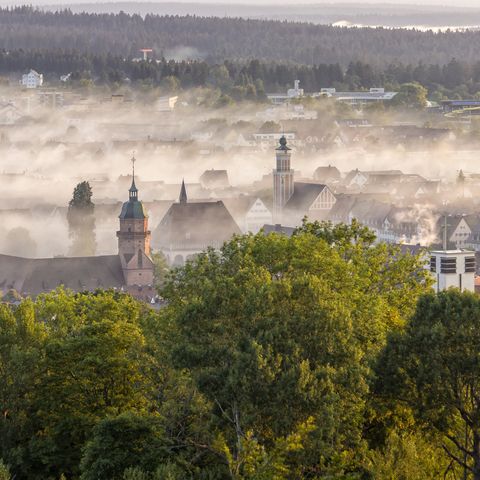 Sommerlicher Blick auf Freudenstadt mit seinem Marktplatz im Morgennebel vom Friedrichsturm auf dem Kienberg. 